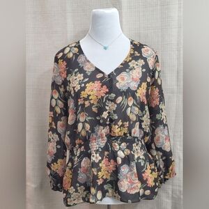 Chaps V Neck Floral Button Romantic Sheer Blouse Womens Medium Black Long Sleeve